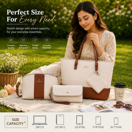 Women's Shoulder Bag 4 pis set (White brown mix)